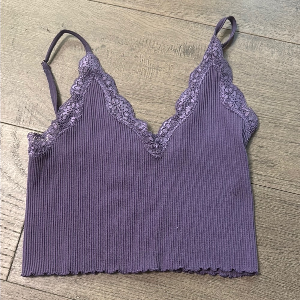 Purple Lace Trim Ribbed Women's Top
